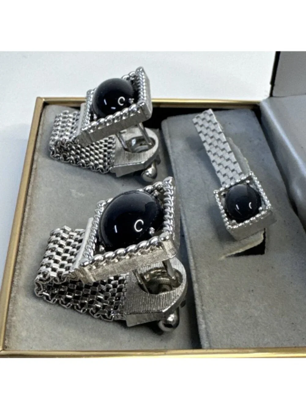Vintage Swank Blue/Grey Stone Mesh Wrap Cufflinks & Tie Clip Original Box